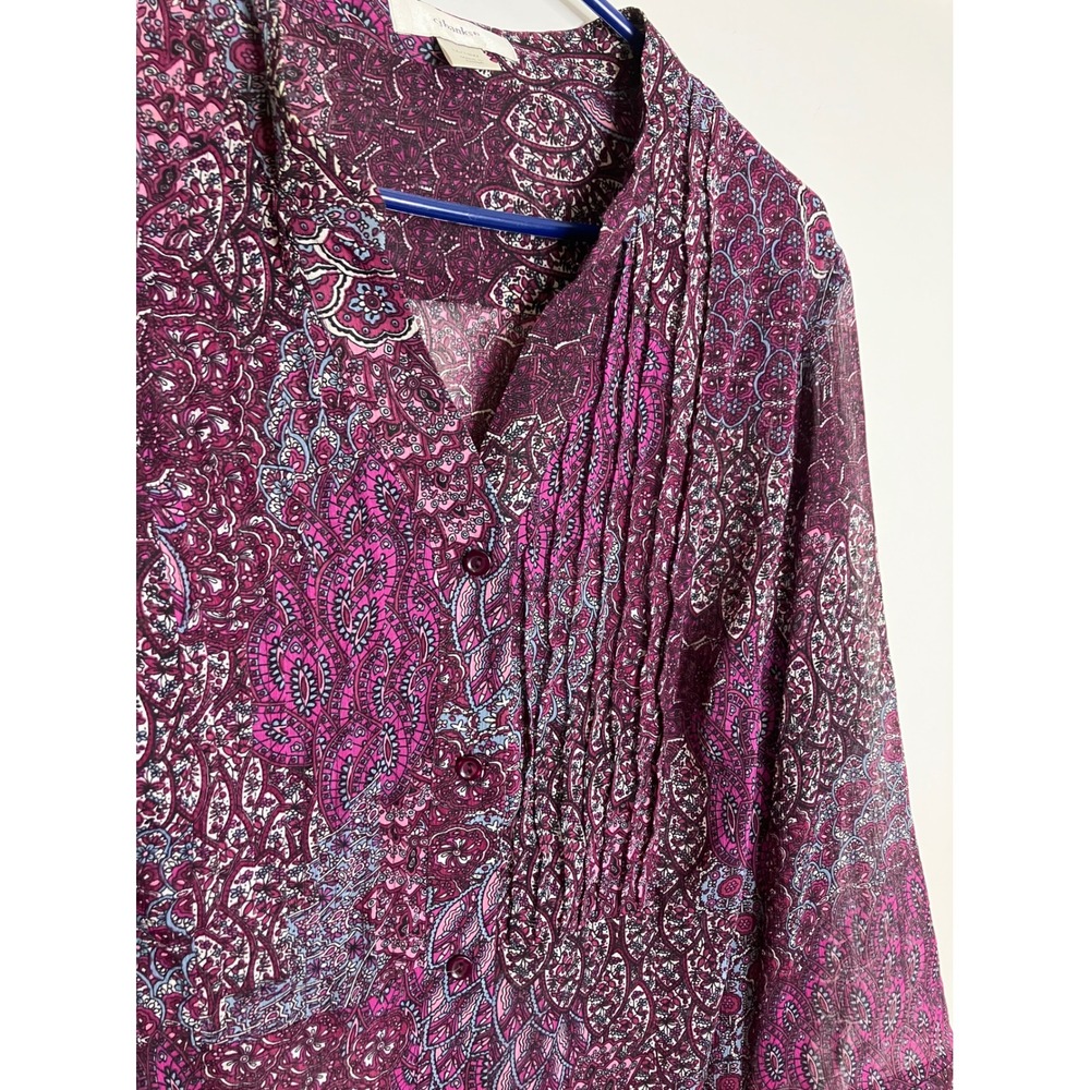 CJ Banks Blouse Womens 16/18W Purple Excellent Paisley Pintuck 3/4 Sleeve Top - Picture 4 of 6